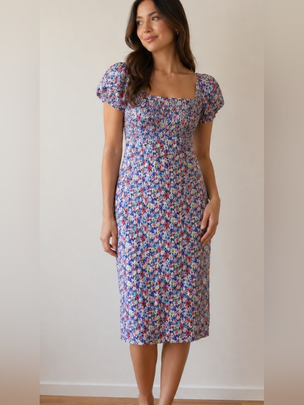 Emery Rose Floral Puff Sleeve Midi Dress, Size M - Picture 1 of 8